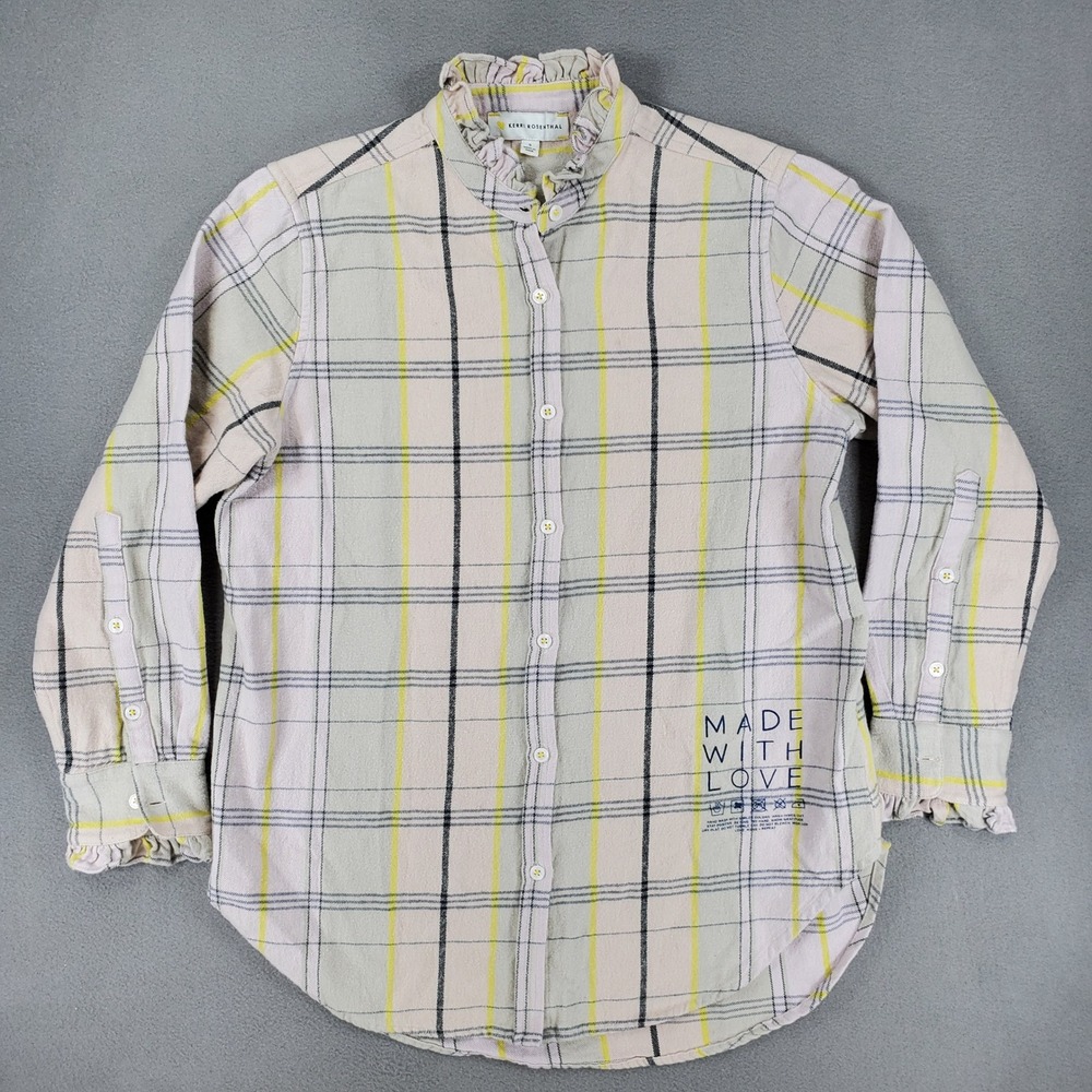Kerri Rosenthal Plaid Ruffle Collar Shirt Sz S Pink Yellow Made Love Flannel